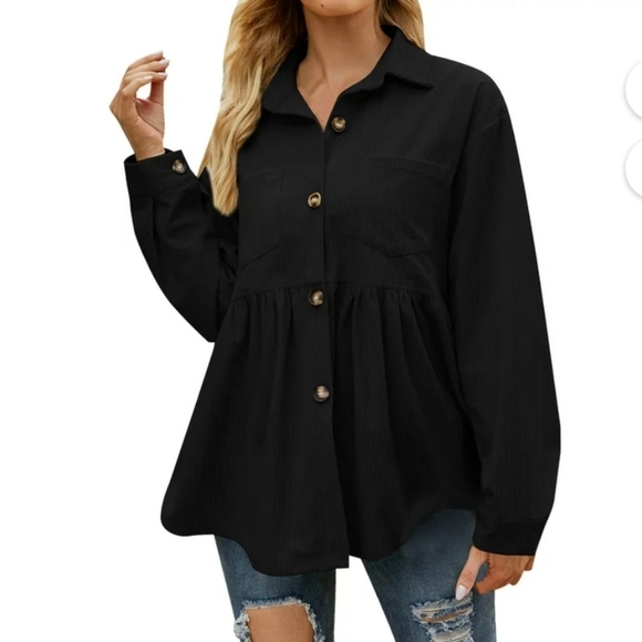 JINZHAO Black Corduroy Peplum Oversized Shacket Size M - Picture 1 of 9